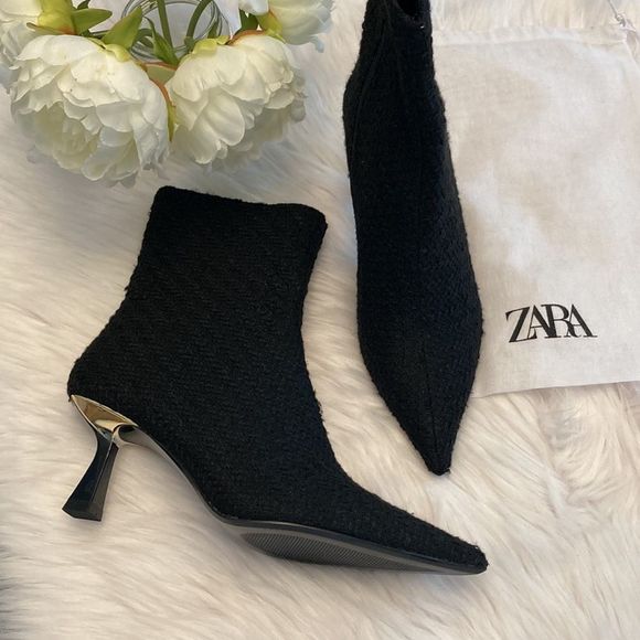 Zara Black Fabric Heeled Pointed Toe Ankle Boots - Picture 7 of 9